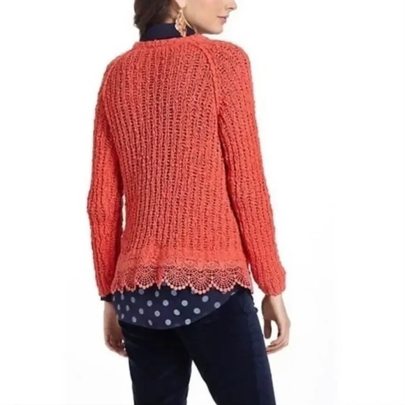 Anthropologie Knitted & Knotted Knit Lace Hem Sweater Coral Orange Size Small - Picture 2 of 9